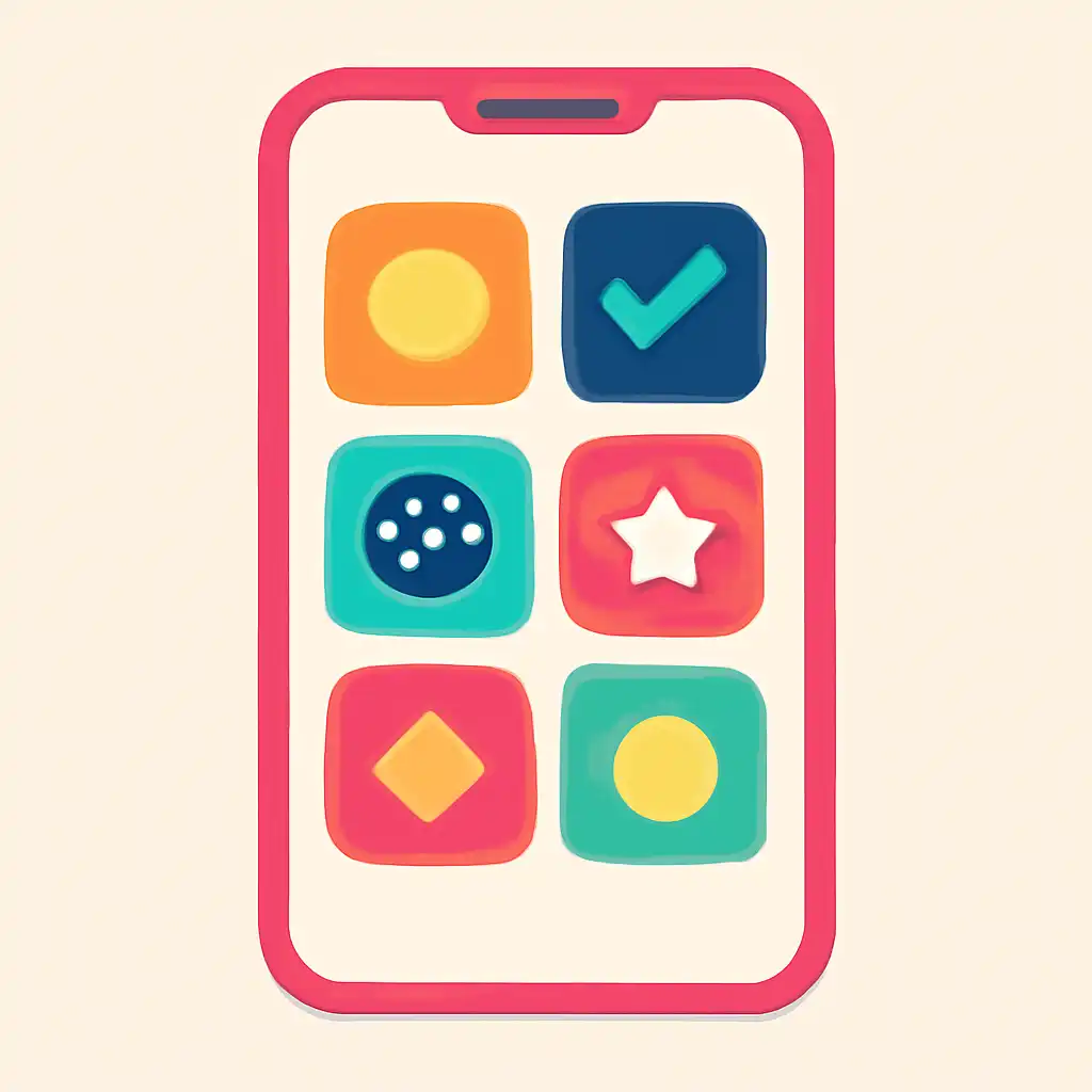 Smartphone shown from the front displaying a colourful flat layout of abstract game icons and rounded tiles, Checking Your