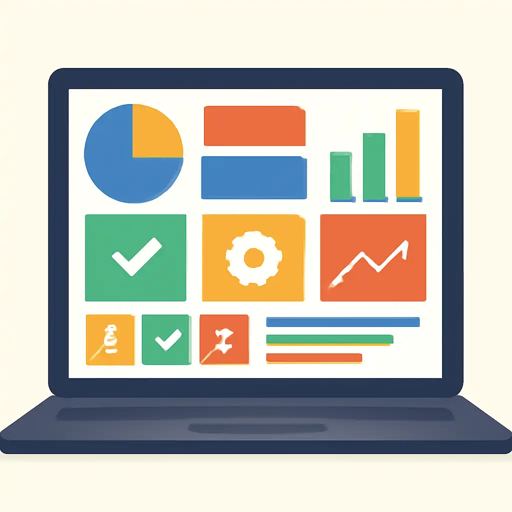 Laptop shown from the front displaying a colourful flat dashboard of abstract charts, bars and icon tiles, Checking Your