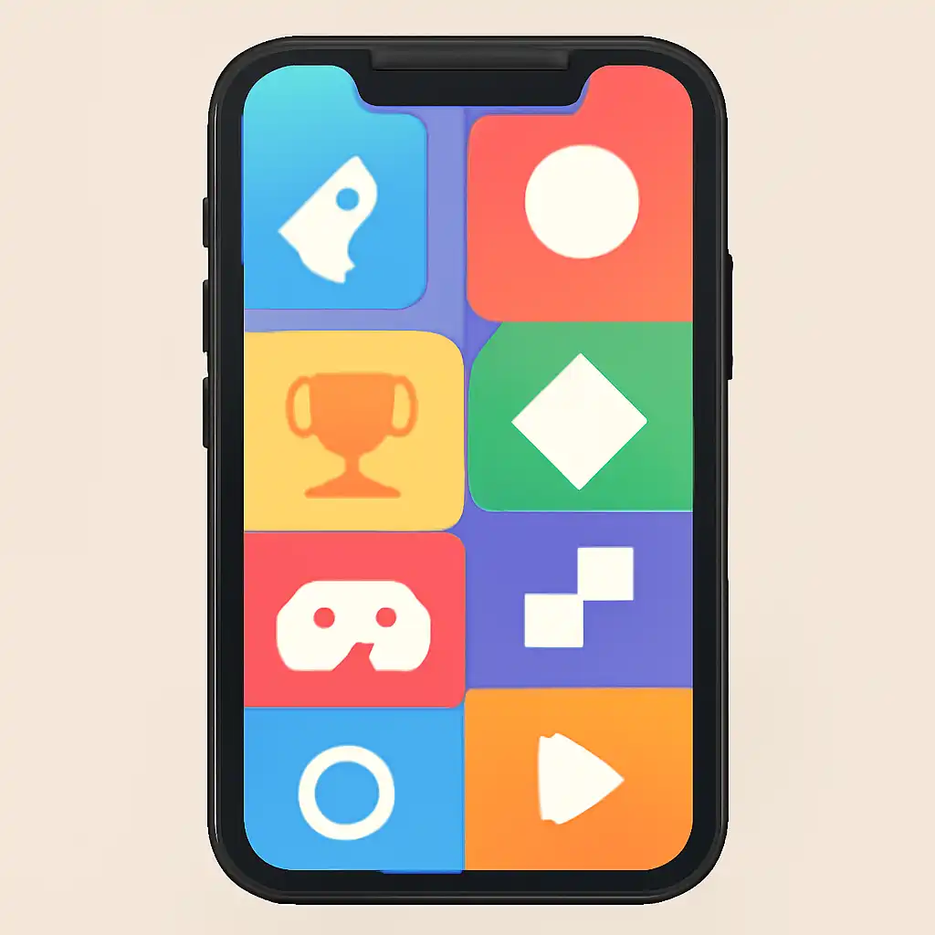 Smartphone shown from the front displaying a colourful flat layout of abstract game icons and rounded tiles, How the Kerala