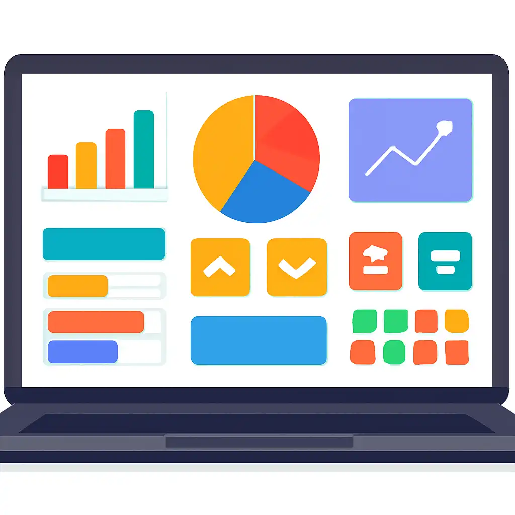 Laptop shown from the front displaying a colourful flat dashboard of abstract charts, bars and icon tiles, How the Kerala