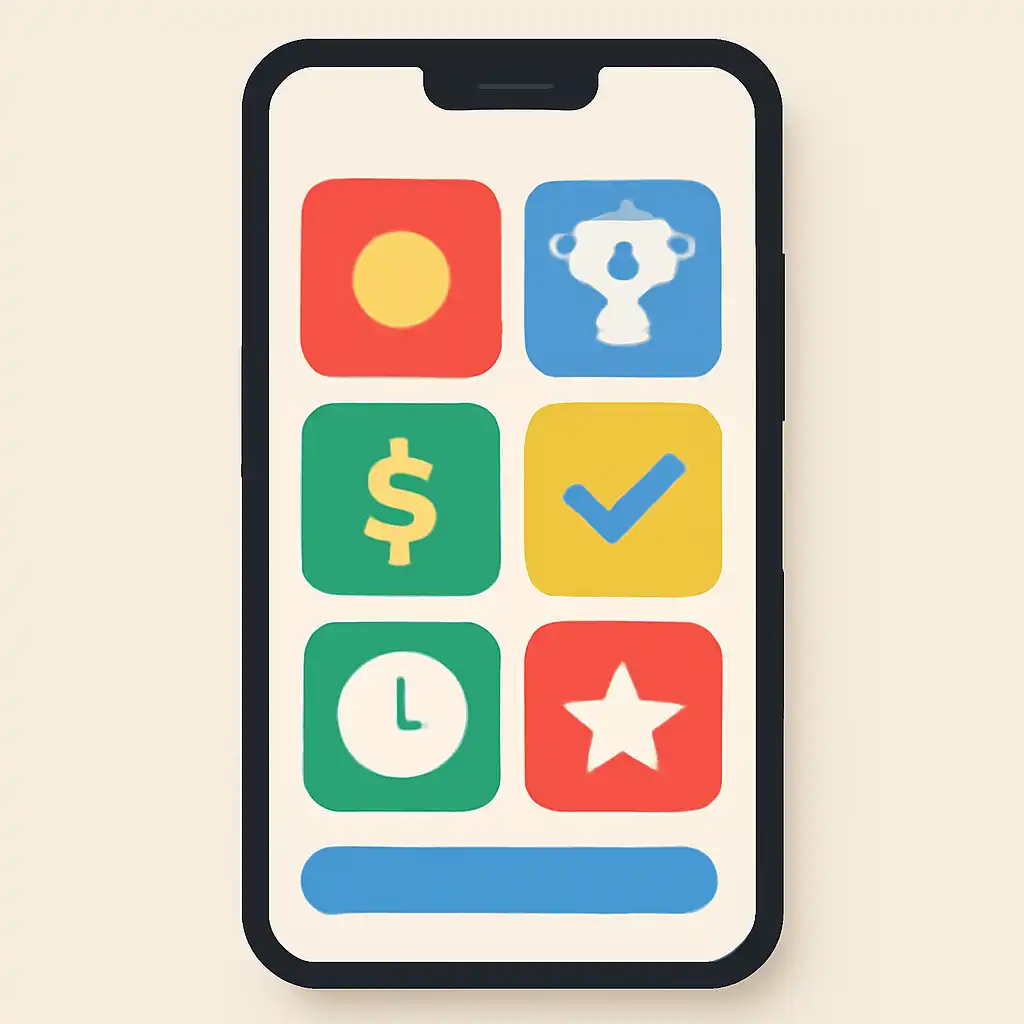 Smartphone shown from the front displaying a colourful flat layout of abstract game icons and rounded tiles, Prize