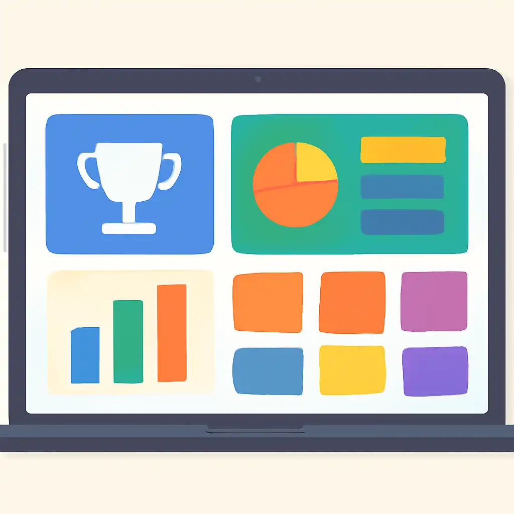 Laptop shown from the front displaying a colourful flat dashboard of abstract charts, bars and icon tiles, Prize Structure