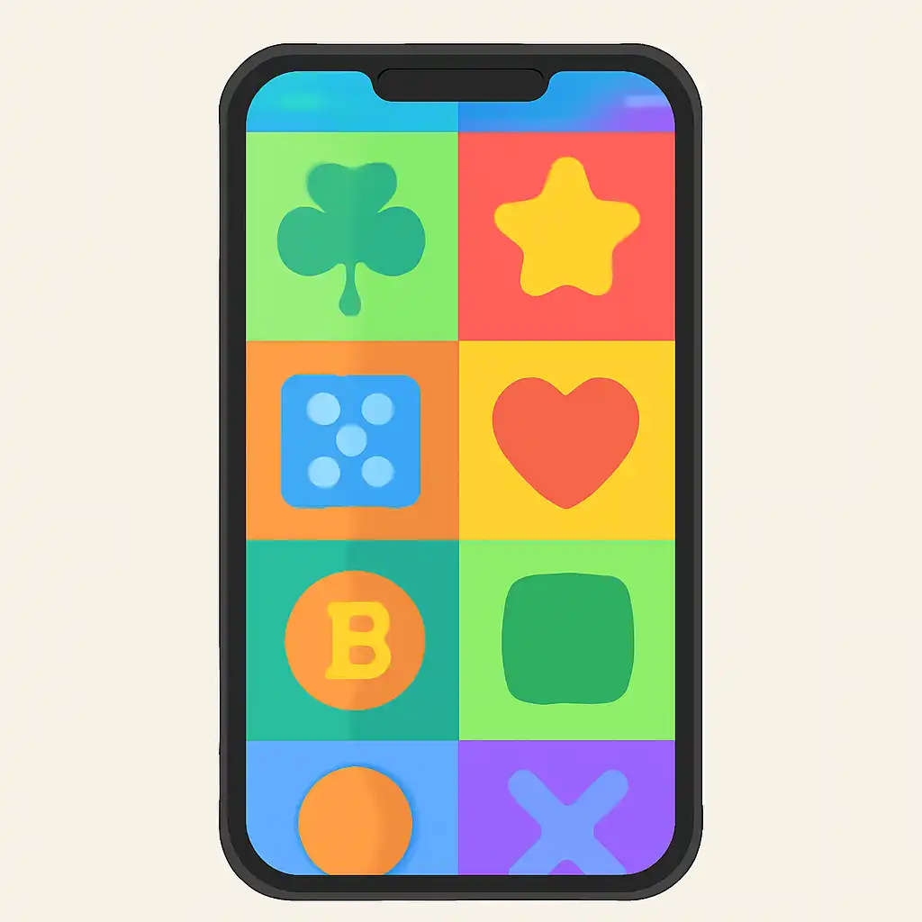 Smartphone shown from the front displaying a colourful flat layout of abstract game icons and rounded tiles, Today's Kerala