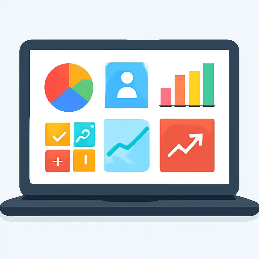 Laptop shown from the front displaying a colourful flat dashboard of abstract charts, bars and icon tiles, Today's Kerala