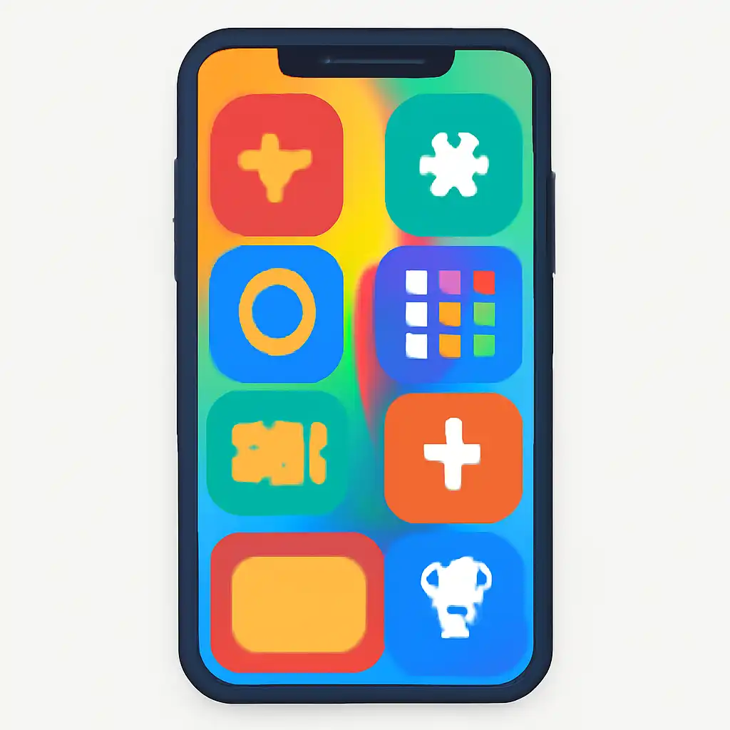Smartphone shown from the front displaying a colourful flat layout of abstract game icons and rounded tiles, Weekly Draw