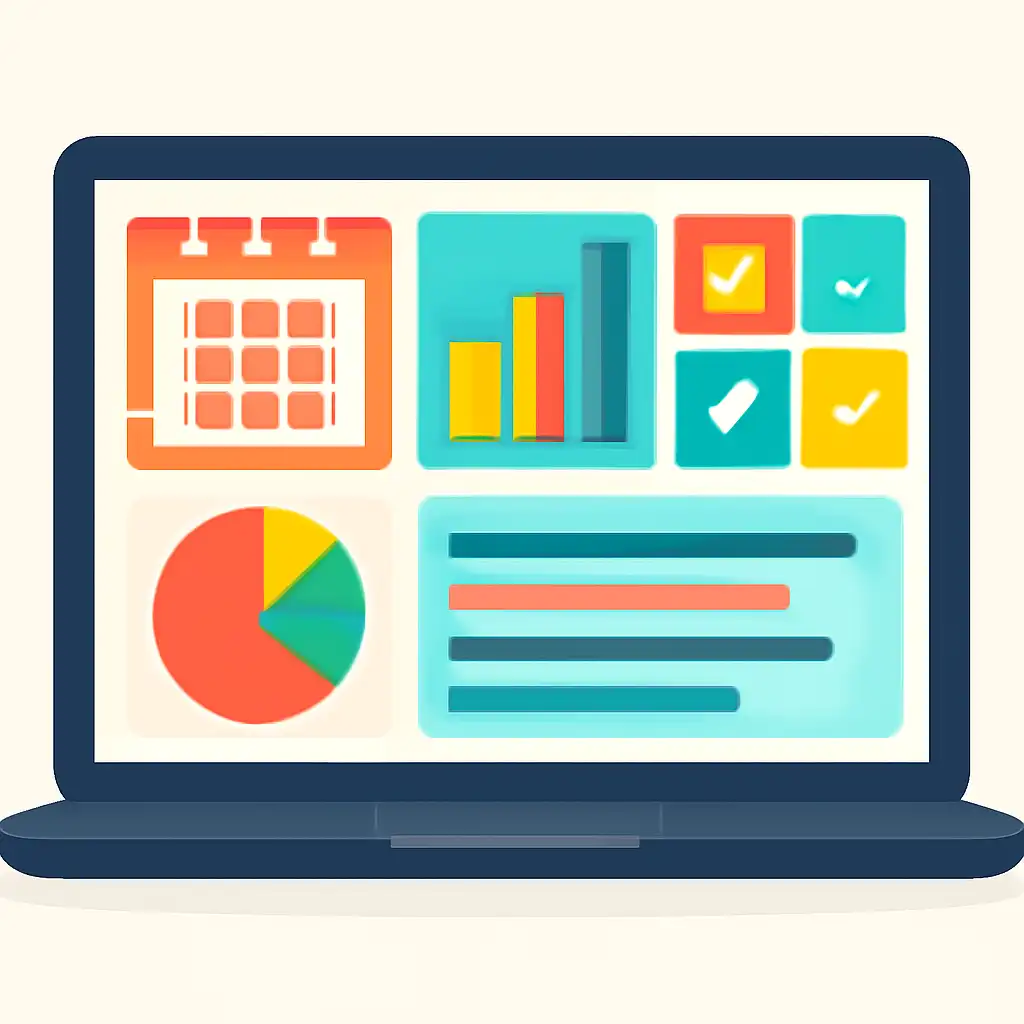 Laptop shown from the front displaying a colourful flat dashboard of abstract charts, bars and icon tiles, Weekly Draw